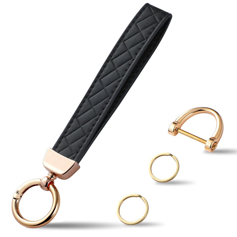 Weixiltc Leather Wristlet Keychain  Car Key Chain Holder with 2 Key Ring and Anti-Lost D Ring  Key Fob Wristband for Women (Black) - Image 1